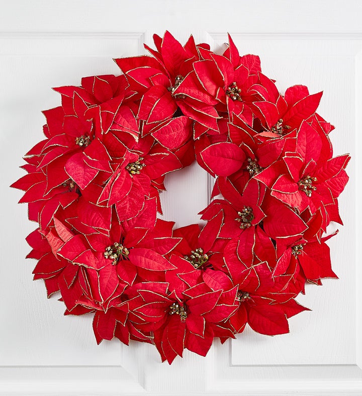 Shimmering Poinsettia Wreath 20 1800flowers Com